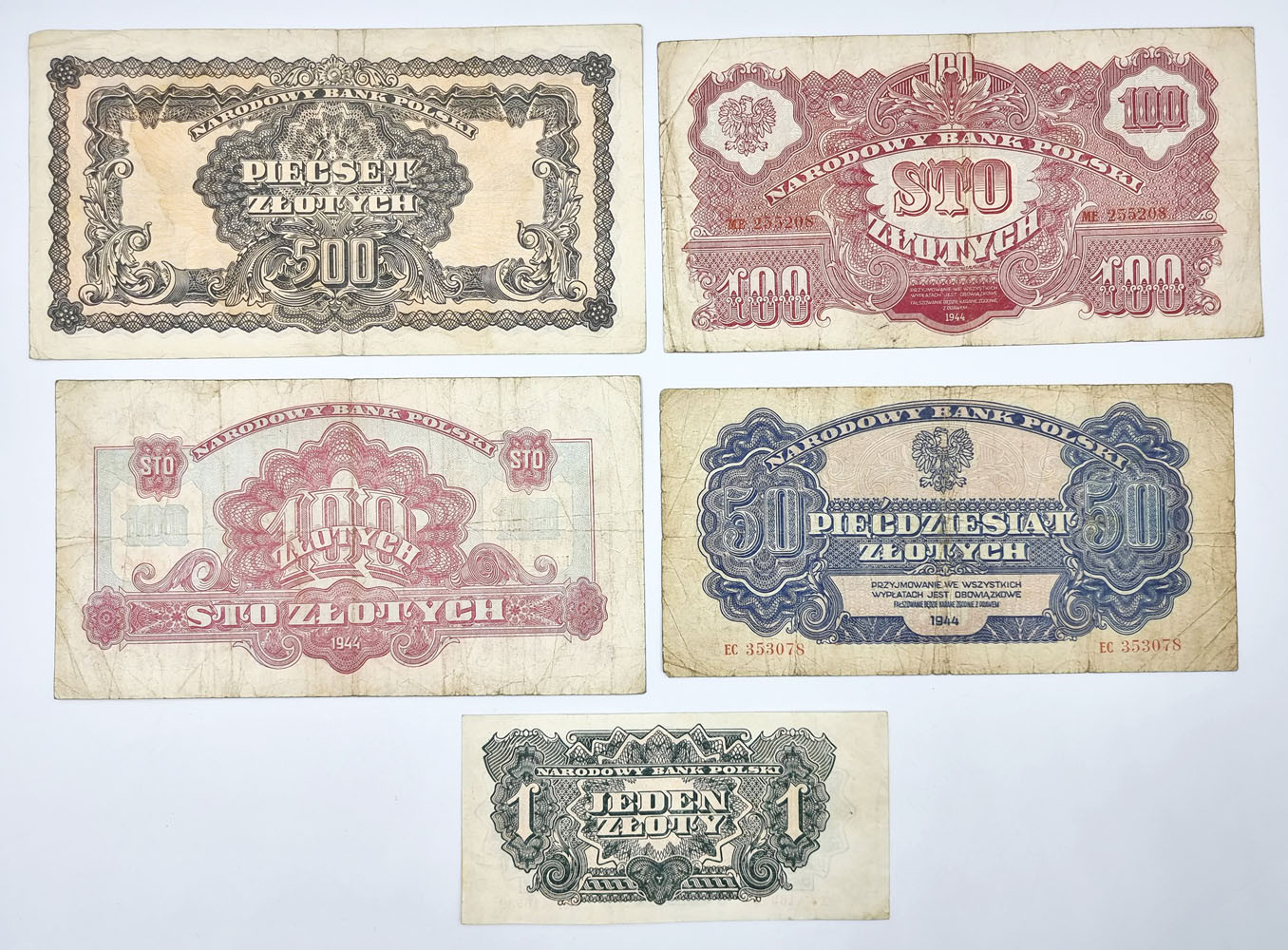 1 do 500 złotych 1944, zestaw 5 banknotów - rzadkie